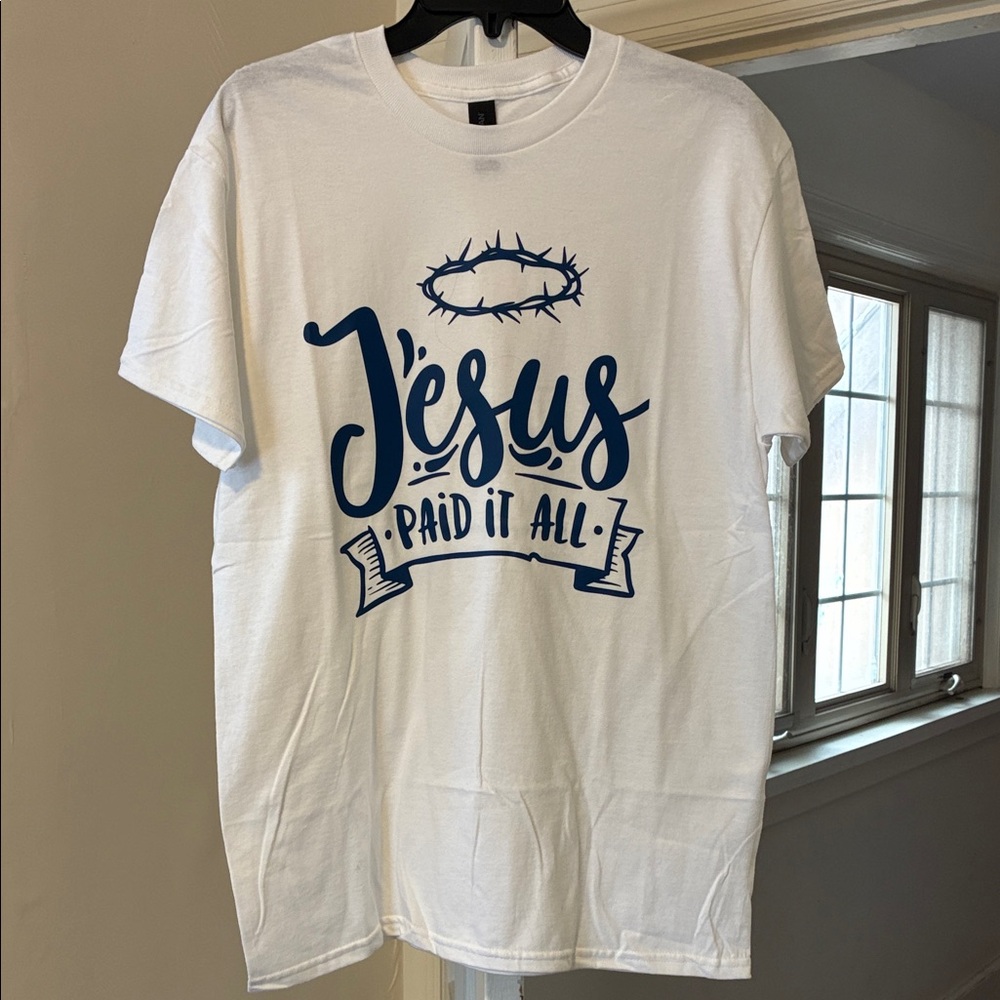“Jesus Paid it All” White Graphic T-Shirt with Blue Print